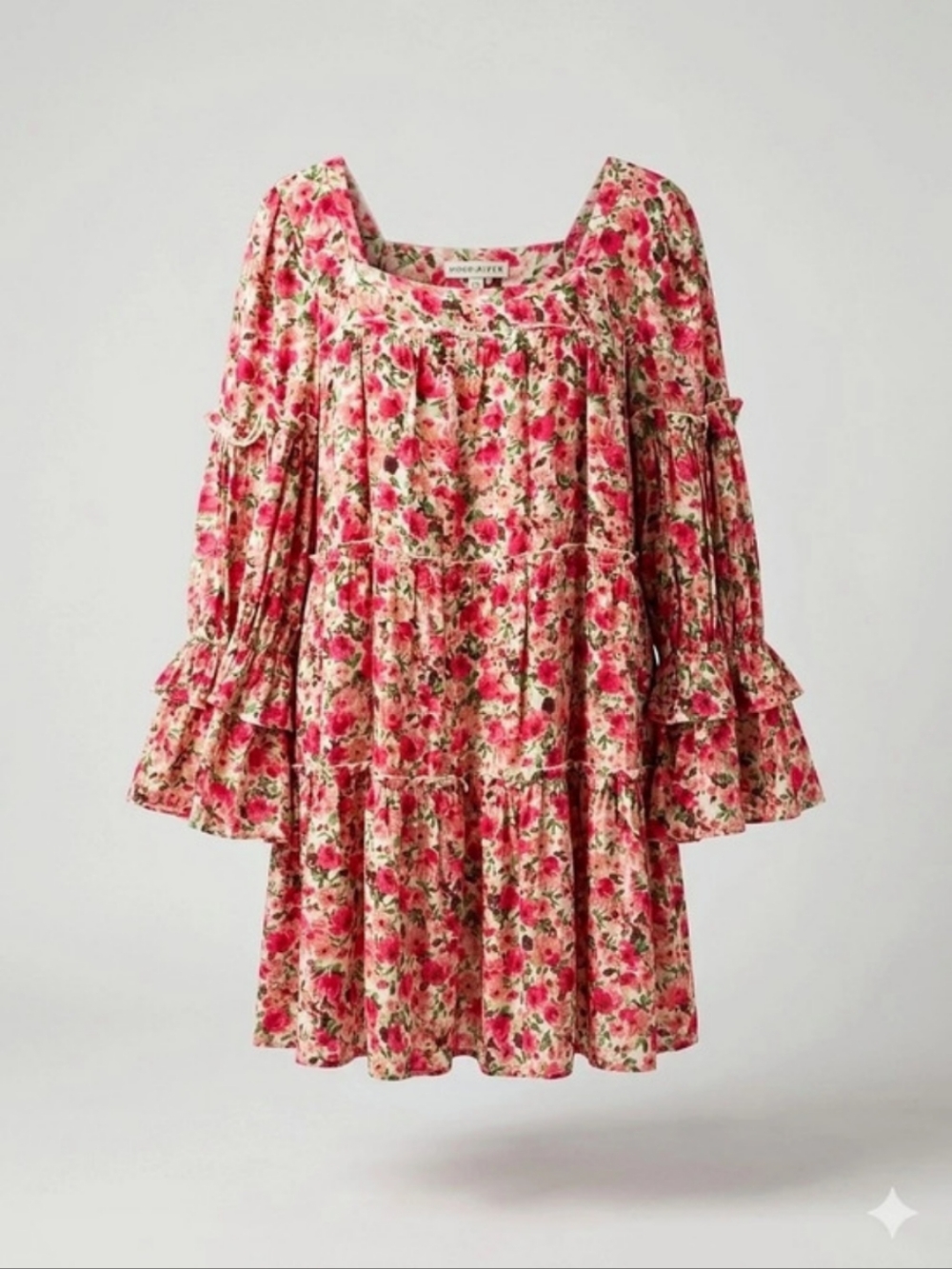 Moon River Floral Tiered Mini Dress Ruffle Bell Sleeve Small Pink Red Boho